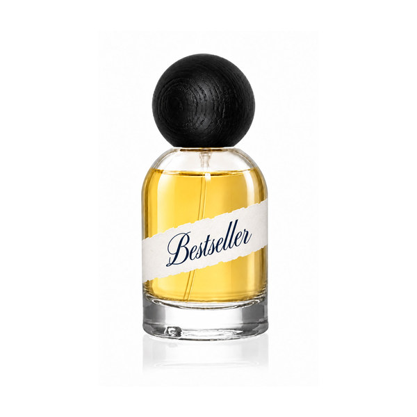 Parfum Bestseller — sklenená fľaška 50 ml s čiernym dreveným uzáverom na bielom pozadí