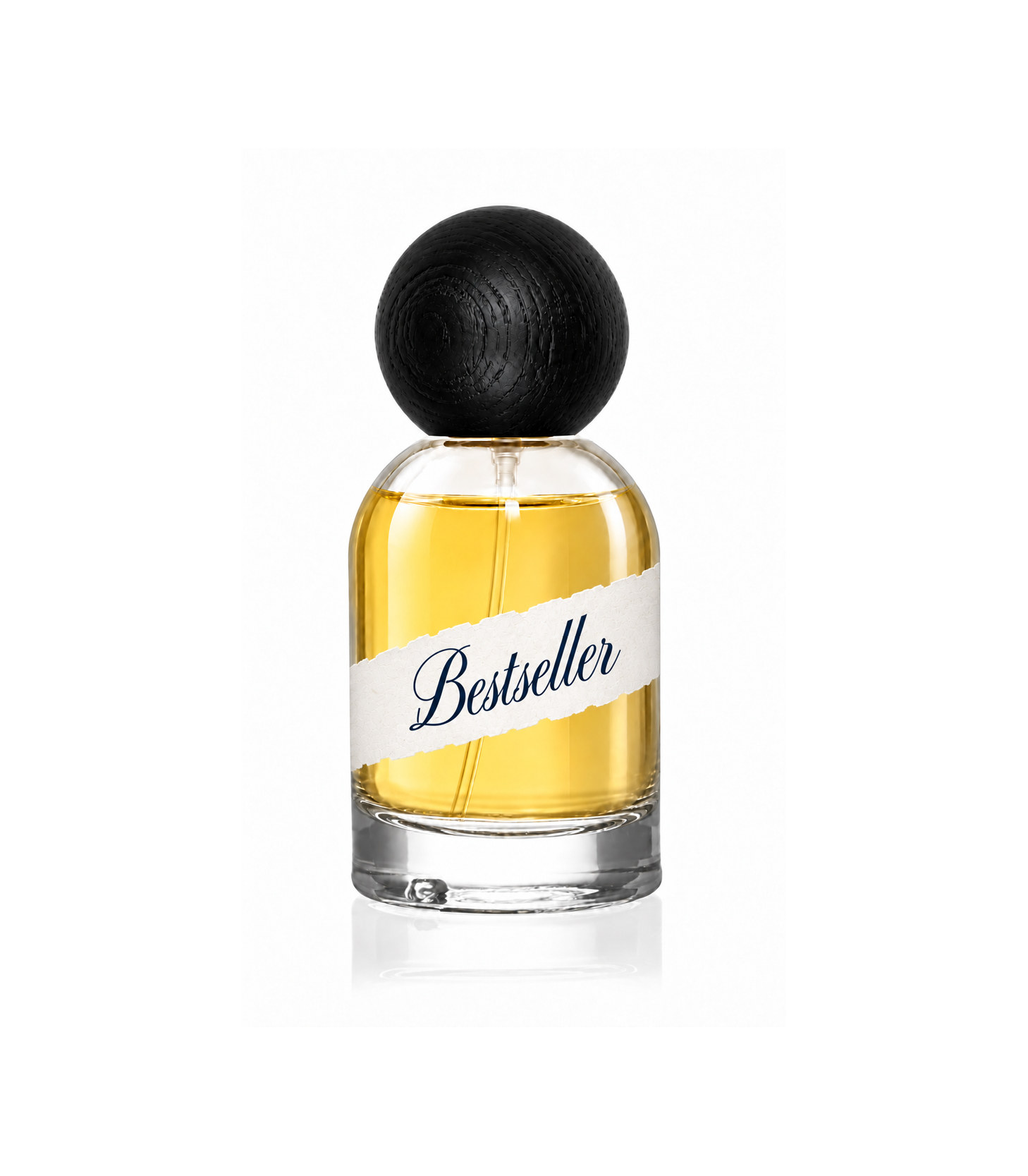 Parfum Bestseller — sklenená fľaška 50 ml s čiernym dreveným uzáverom na bielom pozadí