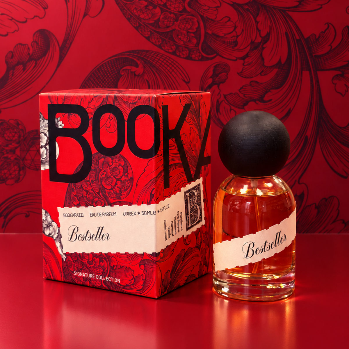 Parfum Bestseller — fľaška vedľa darčekovej krabičky na červenom pozadí