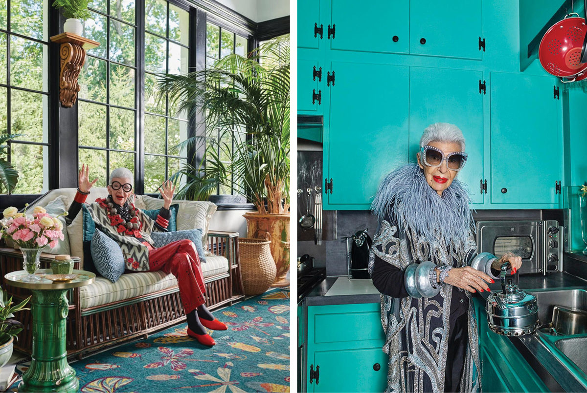 Dve fotografie Iris Apfel v jej farebne zariadenom byte