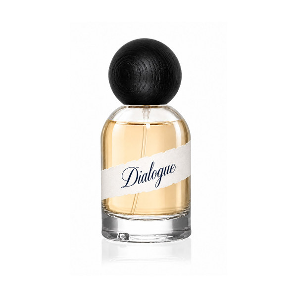 Parfum Dialogue — sklenená fľaška 50 ml s čiernym dreveným uzáverom na bielom pozadí
