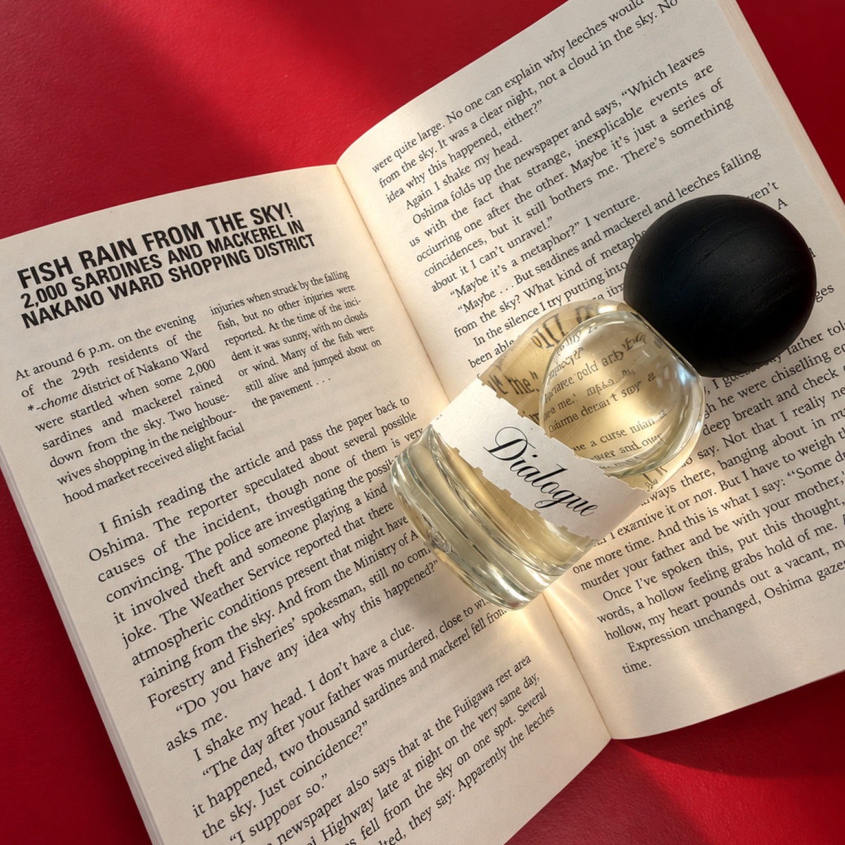 Parfum Dialogue — fľaška položená na otvorenej knihe